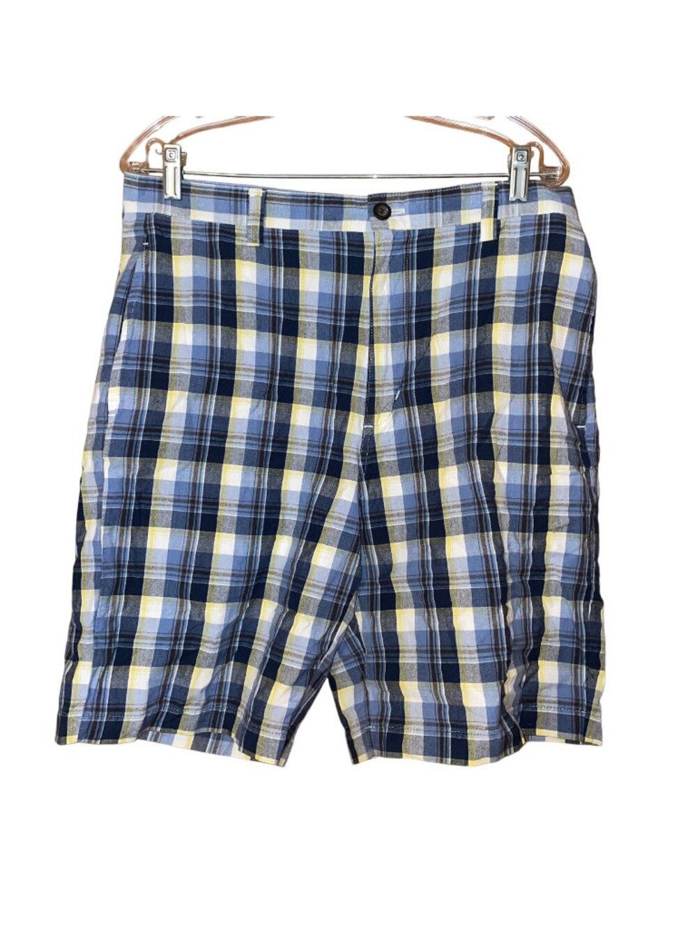 Chaps Mens Plaid Flat Front Cotton Shorts Blue Yellow White Size 34
